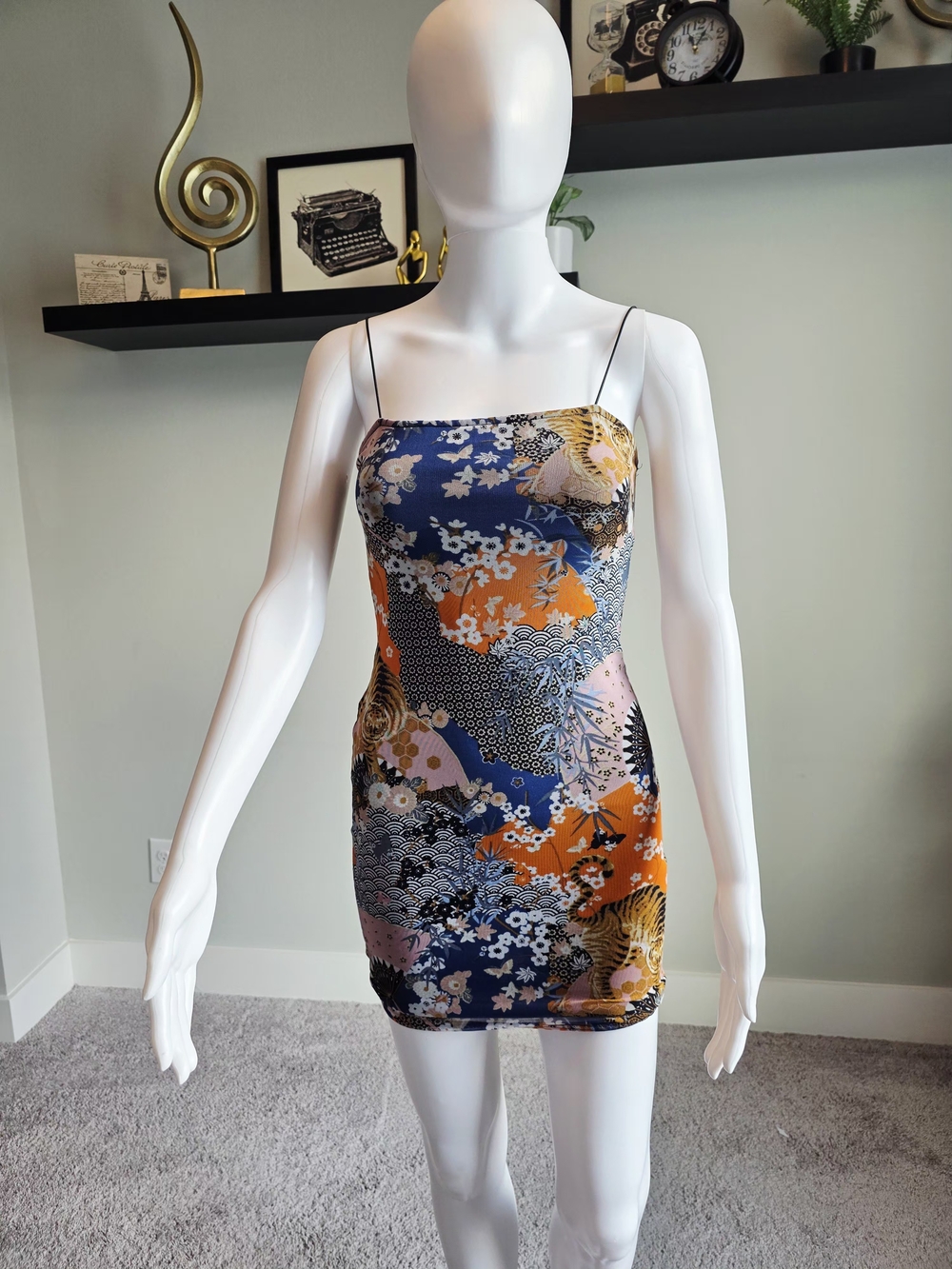 Forever 21 Navy, Orange & Pink Floral Spaghetti-Strap Mini Dress